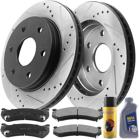 Front Disc Brake Rotors w/Ceramic Pads + Cleaner & Fluid Fit Escalade Chevy GMC Astro Express Avalanche Suburban Silverado 1500 Tahoe Sierra Yukon