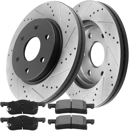 Rear Drilled & Slotted Disc Brake Rotors w/Ceramic Pads w/Cleaner & Fluid Fits for 08-13 Buick Enclave, 09-14 Chevy Traverse, 07-14 GMC Acadia, 07-09 Saturn Outlook