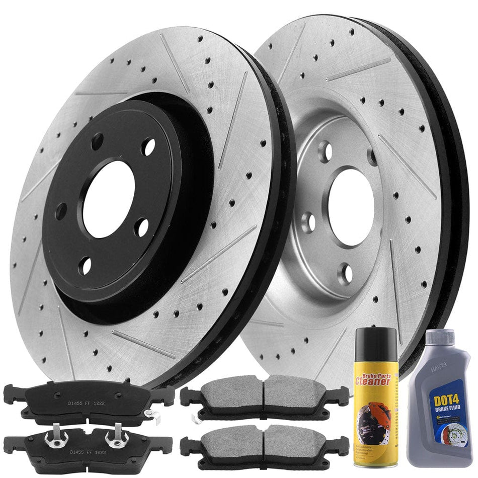 Front Disc Brake Rotors Kit w/Ceramic Brake Pads + Cleaner & Fluid Fit Dodge Durango/Jeep Grand Cherokee (V8 5.7L w/Heavy Duty Brake Kit Only)