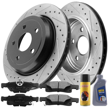 Motorbymotor Rear Brake Rotors 350mm Drilled & Slotted Design Brake Rotor & Brake Pad kit Including CLEANER DOT4 FLUID Fits for Jeep Grand Cherokee 2011-2020, Dodge Durango