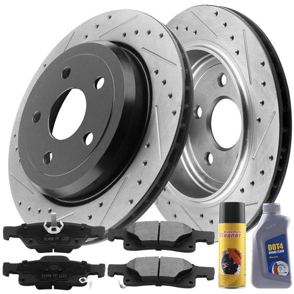 Motorbymotor Rear Brake Rotors 350mm Drilled & Slotted Design Brake Rotor & Brake Pad kit Including CLEANER DOT4 FLUID Fits for Jeep Grand Cherokee 2011-2020, Dodge Durango