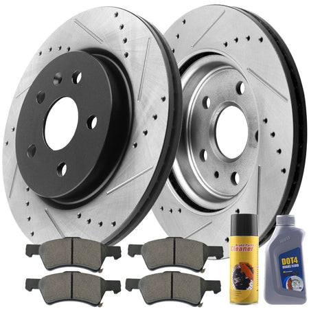 Motorbymotor Front Brake Rotors 281mm Drilled & Slotted Brake Rotor & Brake Pad kit Including CLEANER DOT4 FLUID Fits for Chrysler Town & Country, Dodge Caravan Grand Caravan 2001-2007