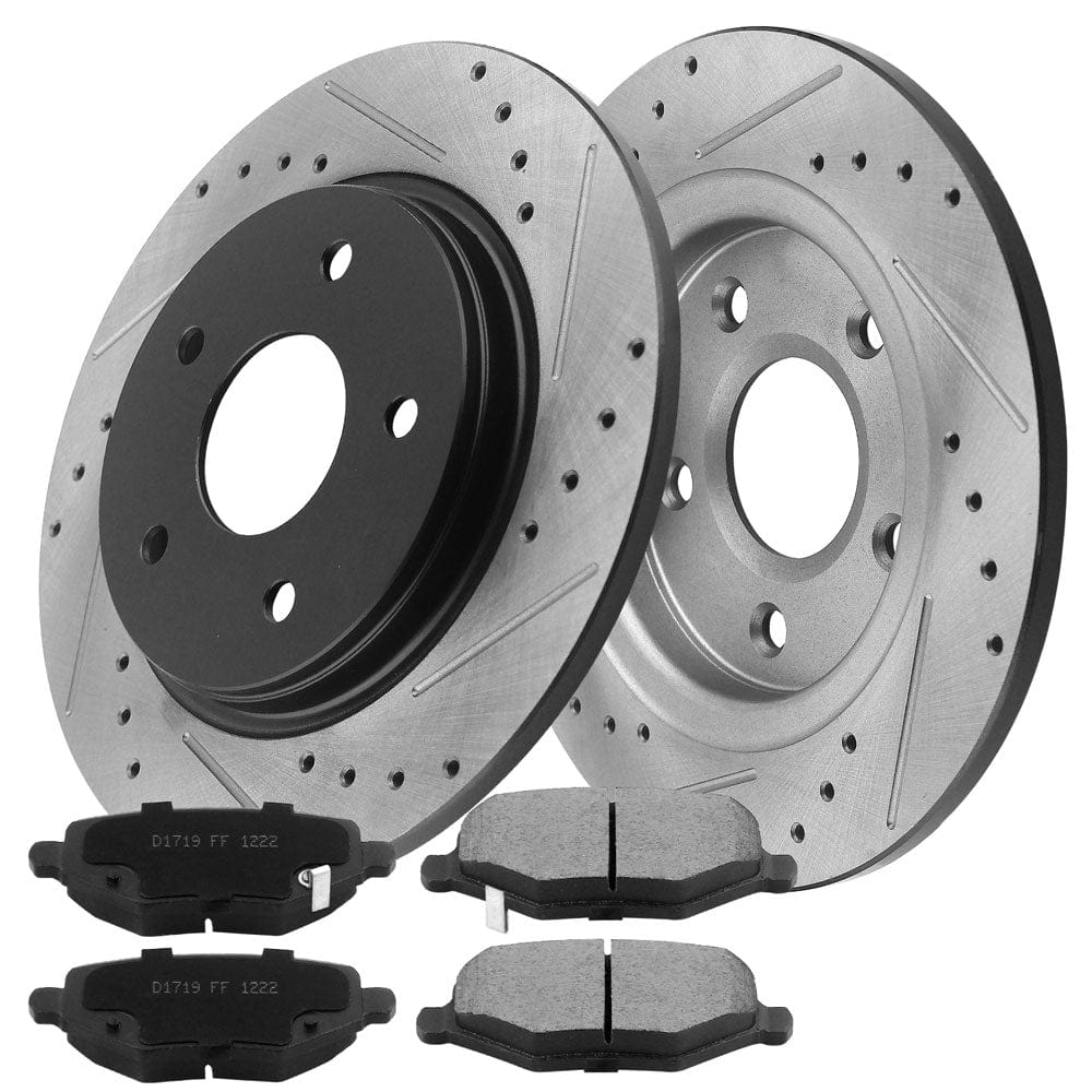 MotorbyMotor Rear Brake Rotors & Brake Pad Kit 305mm Drilled & Slotted Design Including CLEANER DOT4 FLUID Fits for Chrysler Town & Country, Dodge Grand Caravan Journey, Ram C/V, Volkswagen Routan