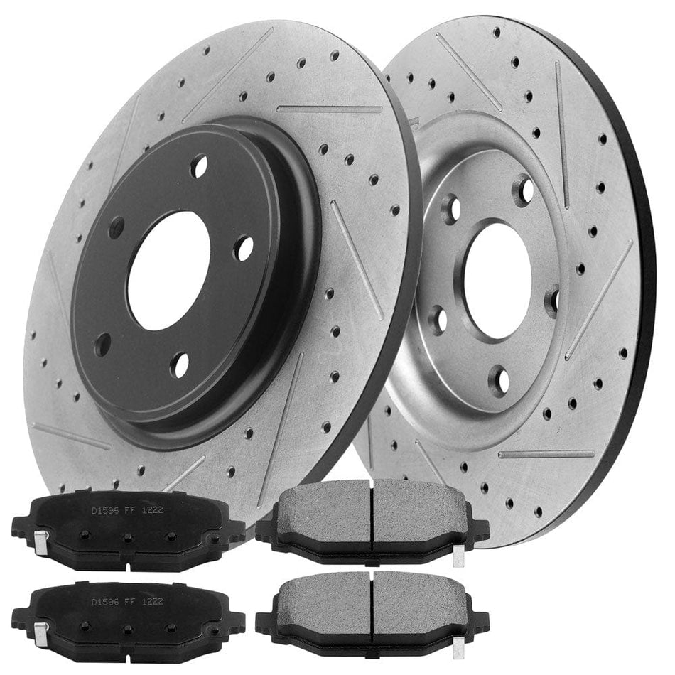 MotorbyMotor Rear Brake Rotors & Brake Pad Kit 328mm Drilled & Slotted Design Including CLEANER DOT4 FLUID Fits for Chrysler Town & Country, Dodge Grand Caravan Journey, RAM C/V, Volkswagen Routan