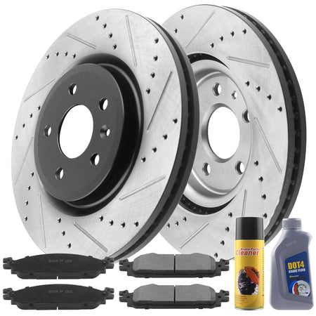 Front Drilled & Slotted Brake Discs Rotors + Ceramic Brake Pads +Cleaner & Fluid Fit Ford Explorer Flex Taurus Lincoln MKS MKT 5 Lugs