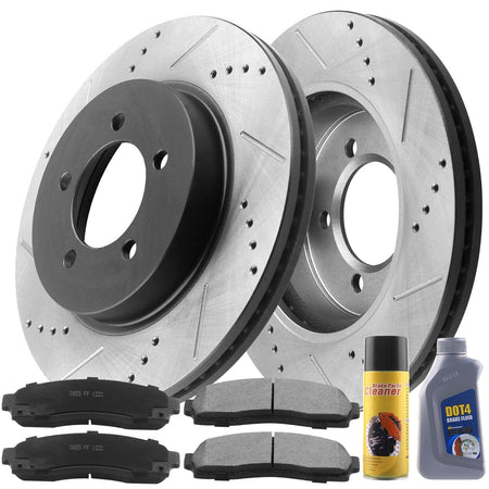 Front Drilled & Slotted Disc Brake Rotors w/Ceramic Pads + Brake Cleaner & Fluid for 2002-2005 Ford Explorer, 2002-2005 Mercury Mountaineer