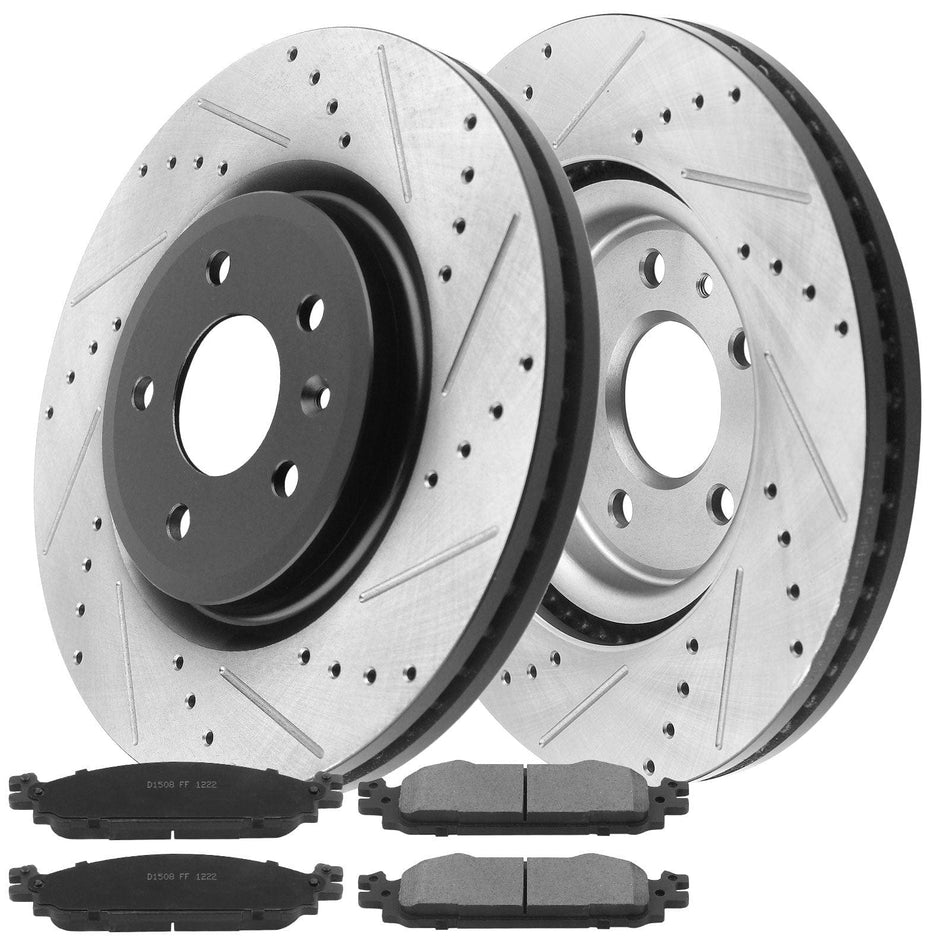 MotorbyMotor Front Brake Rotors 325mm Drilled & Slotted Design Brake Rotor & Brake Pad kit Fits for Ford Explorer Flex Taurus, Lincoln MKS MKT