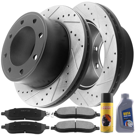 Rear Drilled & Slotted Brake Rotors & Ceramic Brake Pads w/Cleaner & Fluid Fits 2005-2013 Ford F-250 Super Duty-[2005-2012 Ford F-350 Super Duty]