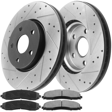 Front Drilled & Slotted Disc Brake Rotors w/Ceramic Pads w/Cleaner & Fluid Fits for 2013-2020 Ford F-250 F-350 Super Duty Pickup