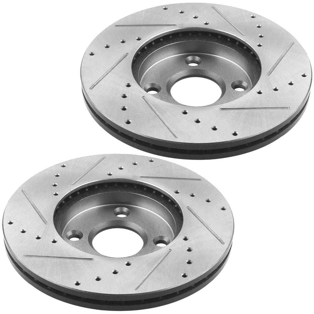 Front Drilled & Slotted Brake Rotors w/Ceramic Brake Pads w/Cleaner & Fluid Fit for 2005 2006 2007 Ford Focus(Not SVT Models) Front Brake Pads Brake Rotors, 4 Lugs(Bolts Not Included)