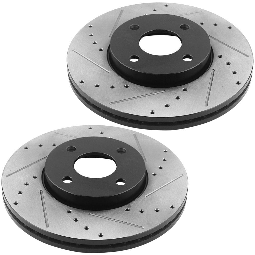 Front Drilled & Slotted Brake Rotors w/Ceramic Brake Pads w/Cleaner & Fluid Fit for 2005 2006 2007 Ford Focus(Not SVT Models) Front Brake Pads Brake Rotors, 4 Lugs(Bolts Not Included)