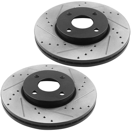 Front Drilled & Slotted Brake Rotors w/Ceramic Brake Pads w/Cleaner & Fluid Fit for 2005 2006 2007 Ford Focus(Not SVT Models) Front Brake Pads Brake Rotors, 4 Lugs(Bolts Not Included)