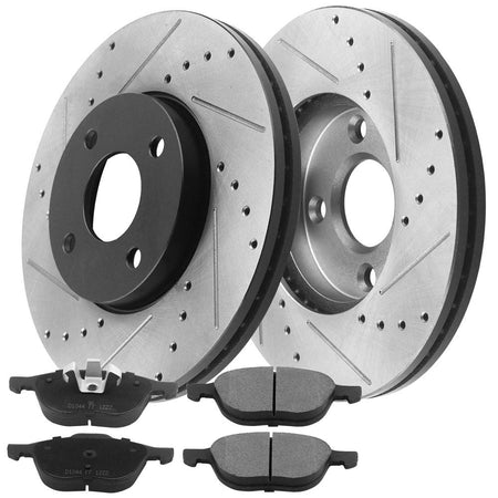 Front Drilled & Slotted Brake Rotors w/Ceramic Brake Pads w/Cleaner & Fluid Fit for 2005 2006 2007 Ford Focus(Not SVT Models) Front Brake Pads Brake Rotors, 4 Lugs(Bolts Not Included)