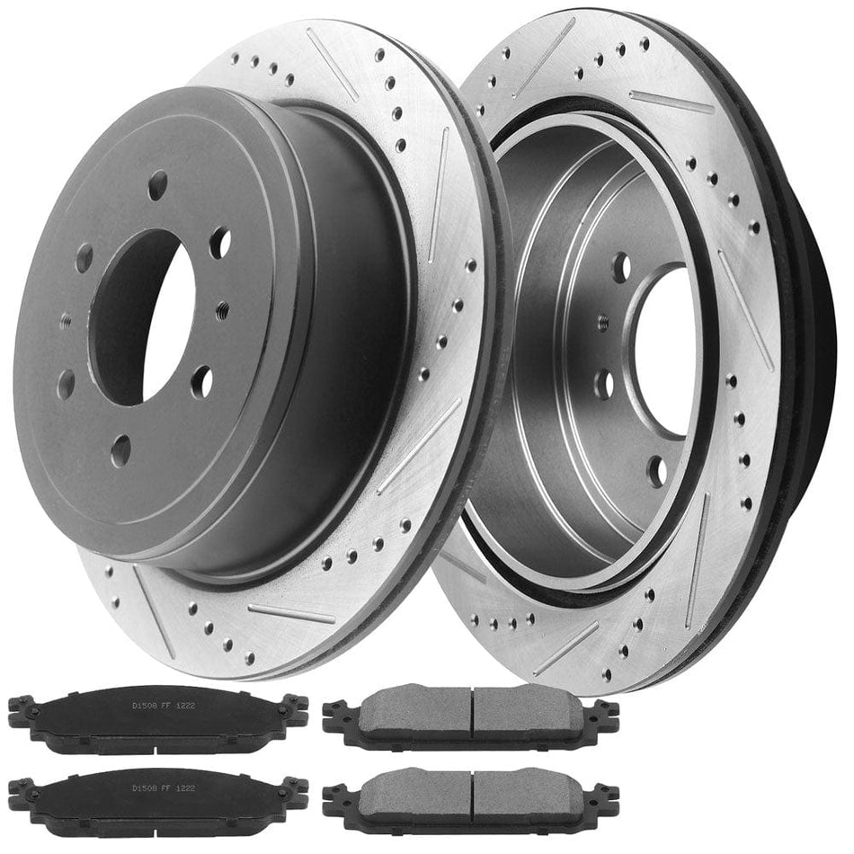 Ford Focus Rear Brake Rotors & Brake Pad Kit 348mm Drilled & Slotted Design Including CLEANER DOT4 FLUID Fits for Ford F-150 2004-2011, Lincoln Mark LT 2006-2008