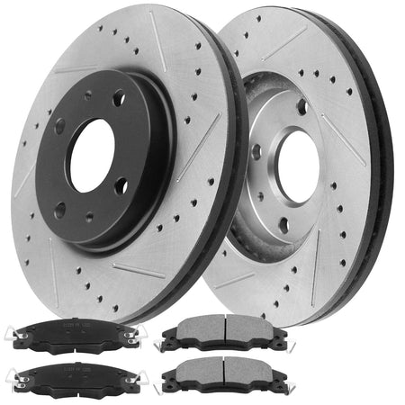 Front Drilled & Slotted Disc Brake Rotors w/Ceramic Pads w/Brake Cleaner & Brake Fluid Fit for Ford Focus 2008 2009 2010 2011, 4 Lugs