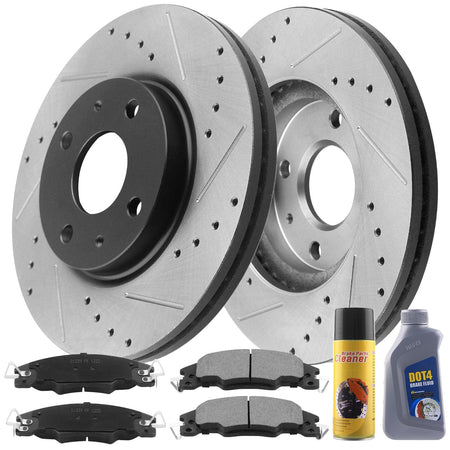 Front Drilled & Slotted Disc Brake Rotors w/Ceramic Pads w/Brake Cleaner & Brake Fluid Fit for Ford Focus 2008 2009 2010 2011, 4 Lugs