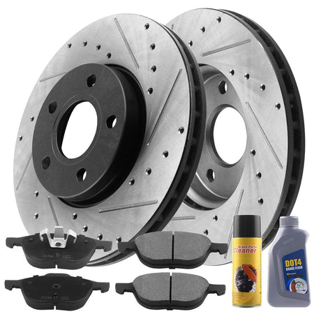 Motorbymotor Front Brake Rotors 278mm Drilled & Slotted Design Brake Rotor & Brake Pad kit Including CLEANER DOT4 FLUID Fits for Ford C-Max Focus,Volvo C30 S40