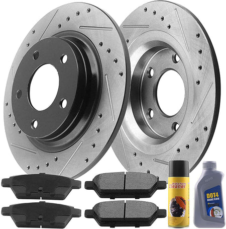 MotorbyMotor Rear Brake Rotors 267mm Drilled & Slotted Design Brake Rotor & Brake Pad kit Including CLEANER DOT4 FLUID Fits for Ford Mustang 1994-2004