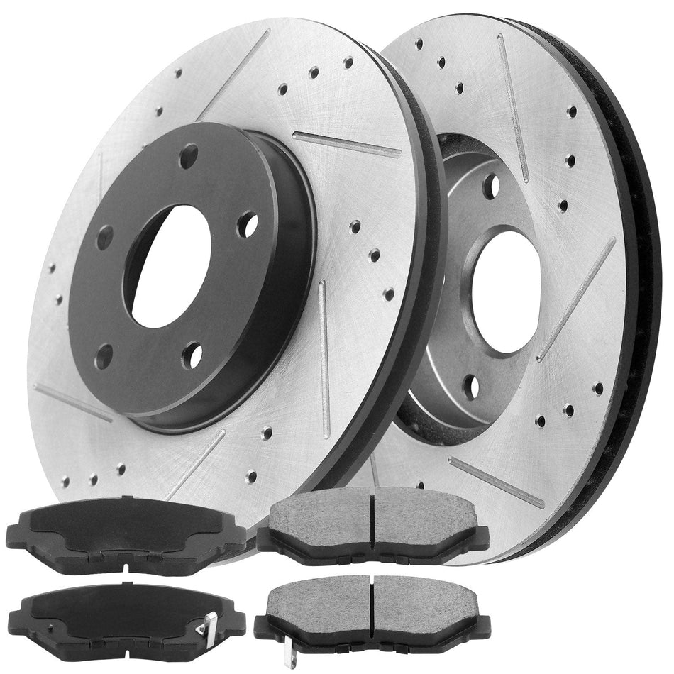 MotorbyMotor Rear Brake Rotors & Brake Pad Kit 300mm Drilled & Slotted Design Including CLEANER DOT4 FLUID Fits for Ford Mustang 2005-2014-All Models