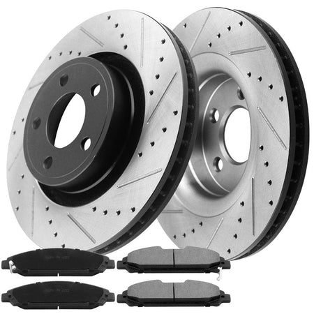 Front Drilled & Slotted Disc Brake Rotors + Ceramic Pads + Cleaner & Fluid Fits for Ford Mustang 2015 2016 2017 2018 2019 2020 (2.3L, 3.7L)