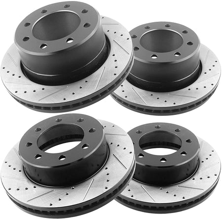 Front & Rear Drilled & Slotted Disc Brake Rotors + Ceramic Pads + Cleaner & Fluid Fits for 2009-2010 Dodge Ram 2500 3500 Pickup, Ram 2500 3500 4000