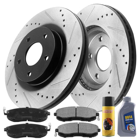 Rear Drilled & Slotted Brake Discs Rotors w/Ceramic Brake Pads kit w/Cleaner & Fluid Fit Chrysler 200 Chrysler Sebring Dodge Avenger Dodge Caliber