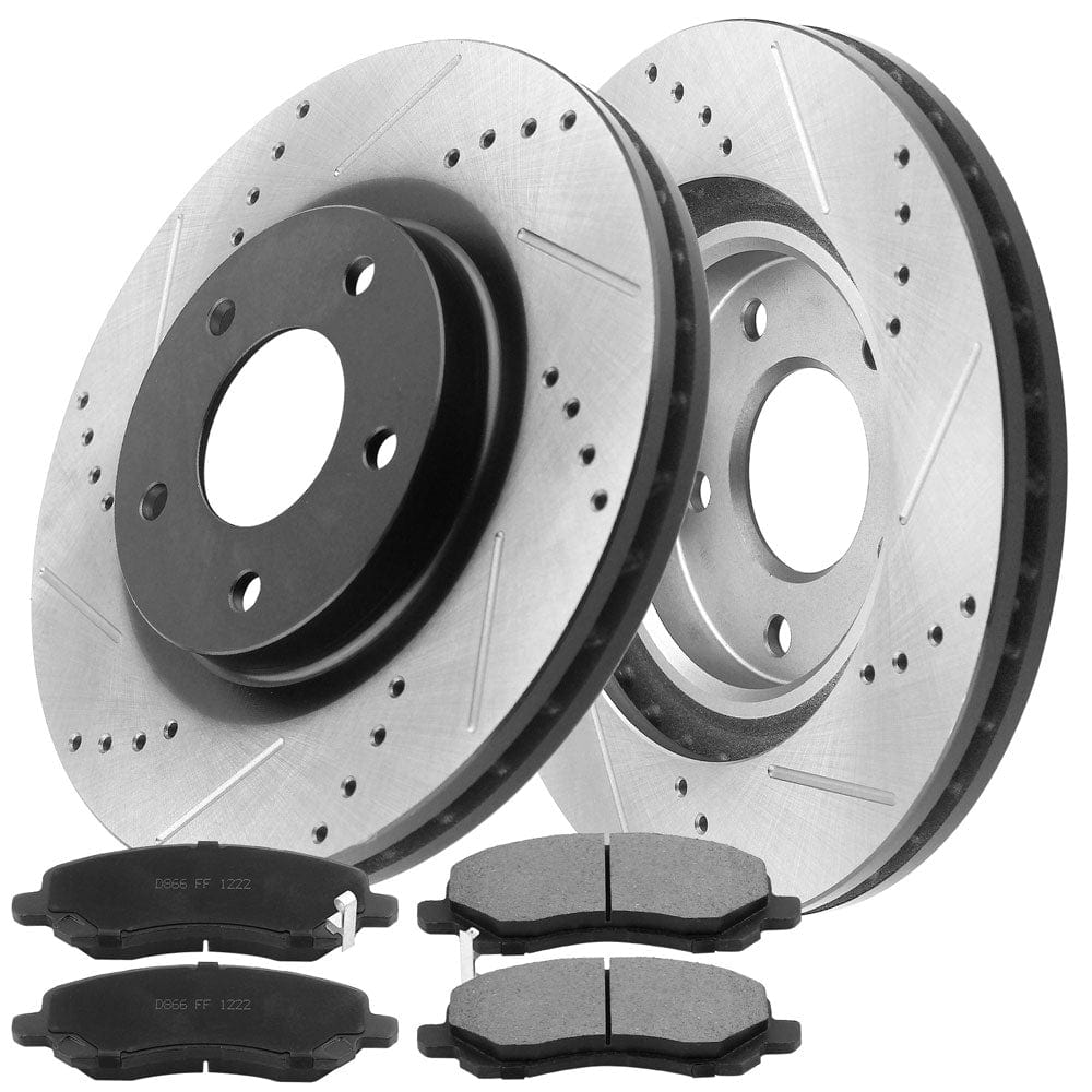 Fit Chrysler Dodge Jeep Mitsubishi Drilled & Slotted Front Brake Discs Rotors w/Ceramic Brake Pads w/Cleaner & Fluid 5 Lugs