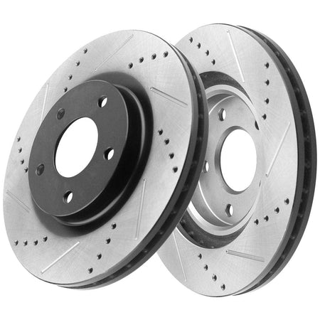 Fit Chrysler Dodge Jeep Mitsubishi Drilled & Slotted Front Brake Discs Rotors w/Ceramic Brake Pads w/Cleaner & Fluid 5 Lugs