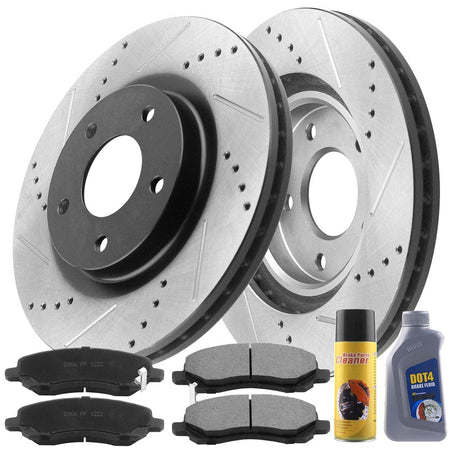 Fit Chrysler Dodge Jeep Mitsubishi Drilled & Slotted Front Brake Discs Rotors w/Ceramic Brake Pads w/Cleaner & Fluid 5 Lugs