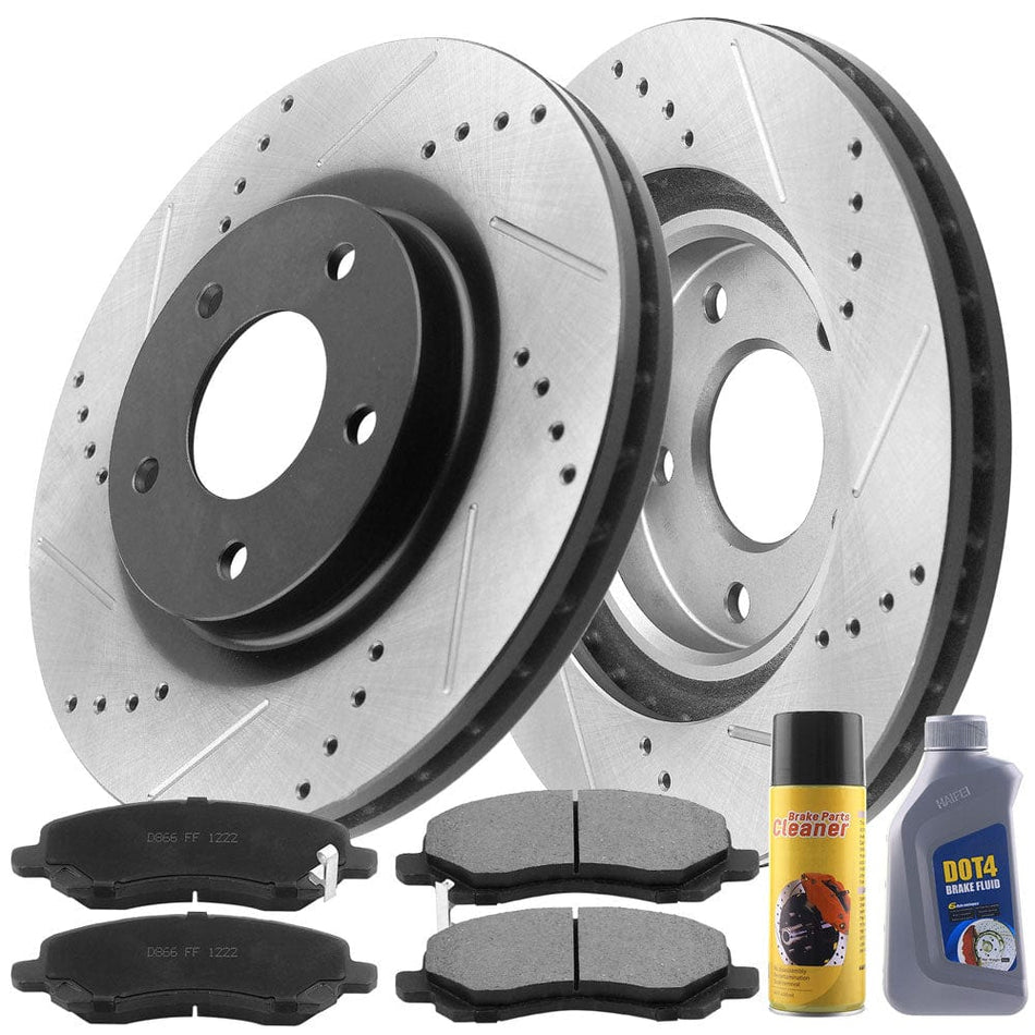 Fit Chrysler Dodge Jeep Mitsubishi Drilled & Slotted Front Brake Discs Rotors w/Ceramic Brake Pads w/Cleaner & Fluid 5 Lugs