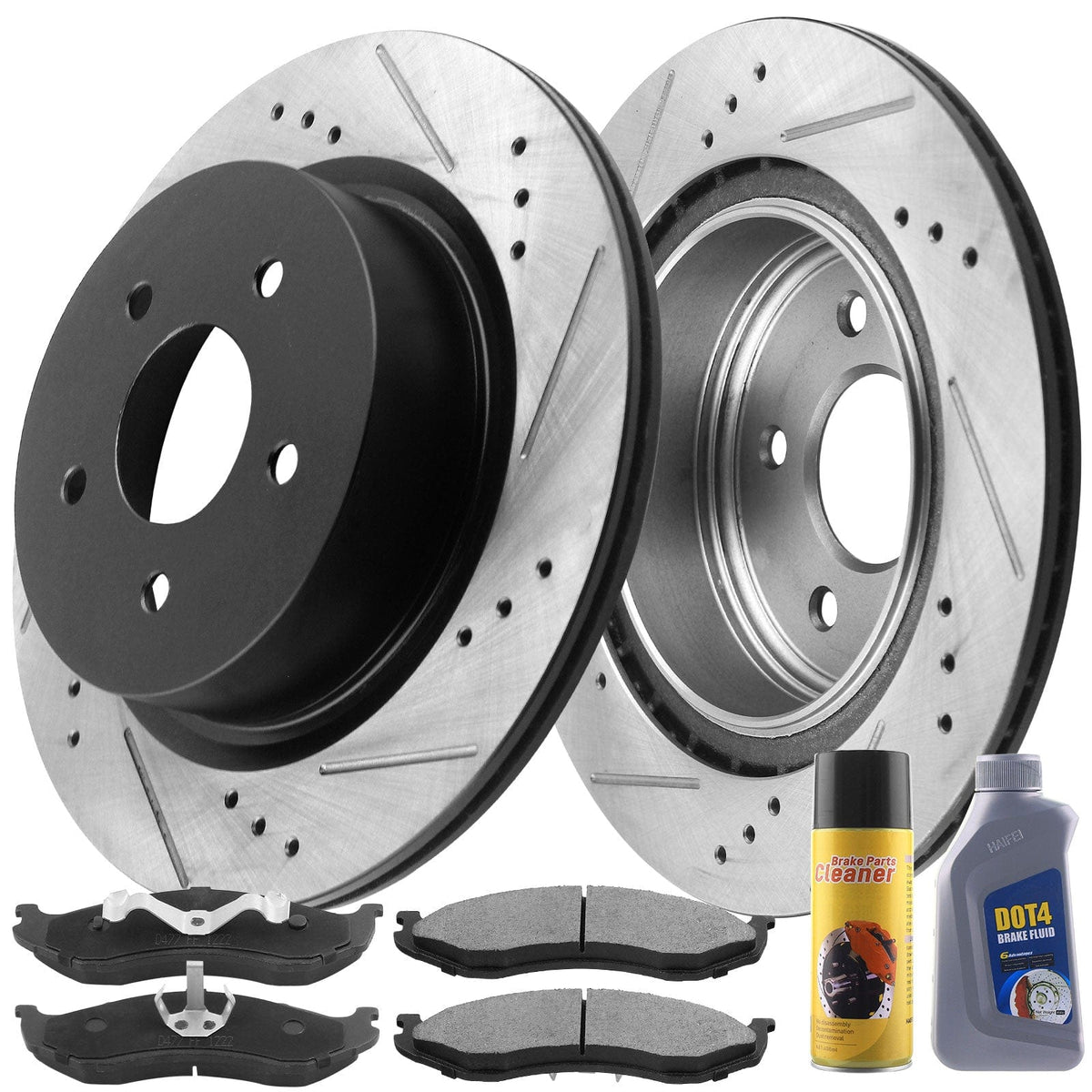 MotorbyMotor-Front Drilled & Slotted Brake Rotors w/Ceramic Brake Pads w/Cleaner & Fluid Fits for Jeep Cherokee XJ, Jeep Comanche, Jeep Wagoneer, Jeep Grand Cherokee