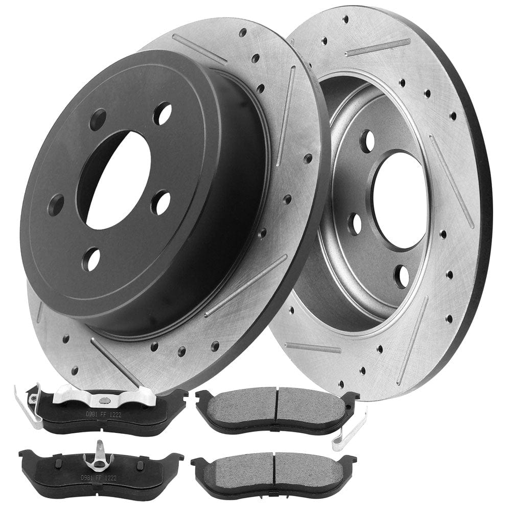 MotorbyMotor Rear Brake Rotors & Brake Pad Kit 285mm Drilled & Slotted Design Including CLEANER DOT4 FLUID Fits for Jeep Liberty, Jeep Wrangler