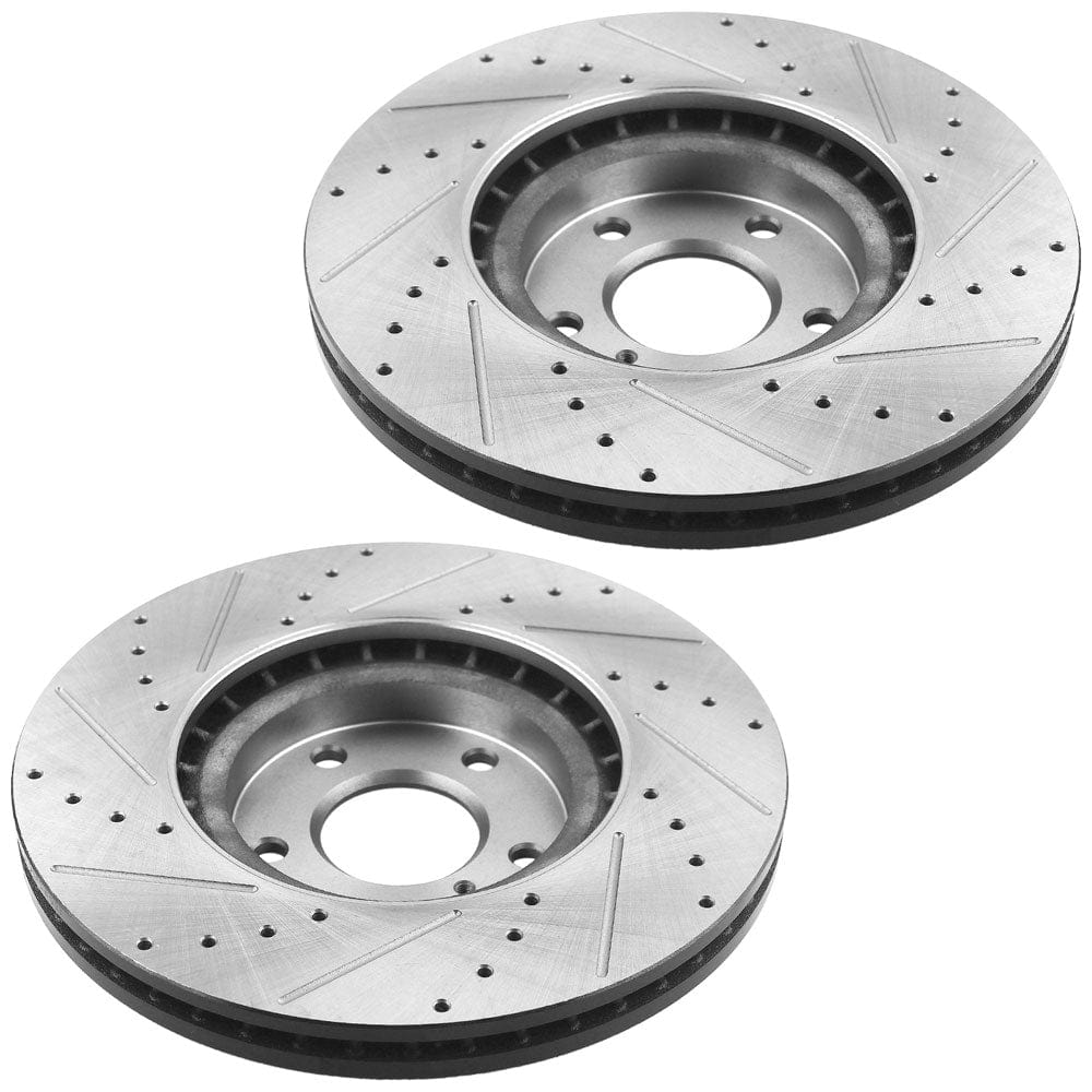 Front Drilled & Slotted Disc Brake Rotors + Ceramic Pads + Cleaner & Fluid Fits for Infiniti JX35 Q60 Q50 QX50 QX60, Nissan Murano Pathfinder