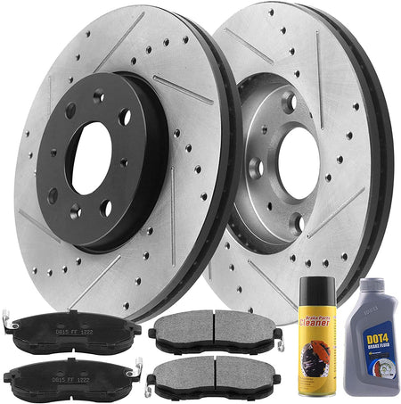 MotorbyMotor Front Brake Rotors 280mm Drilled & Slotted Brake Rotor & Brake Pad kit Including CLEANER DOT4 FLUID Fits for Nissan Sentra(2.0L ONLY, Rear Drum), Nissan Versa (1.8L ONLY), Nissan Cube