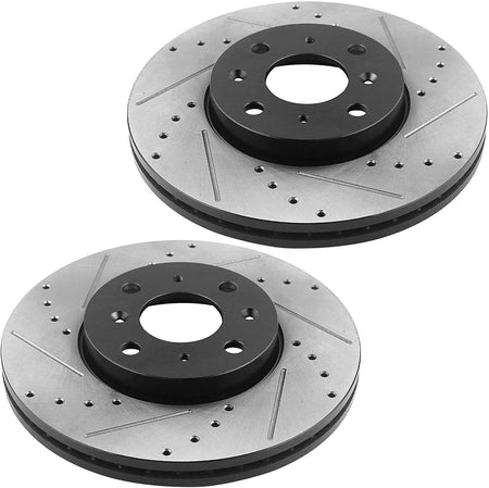 Front Drilled & Slotted Disc Brake Rotors + Ceramic Pads + Cleaner & Fluid Fits for 2009-2014 Nissan Cube, 2007-2012 Nissan Sentra, 2007-2008 Nissan Versa