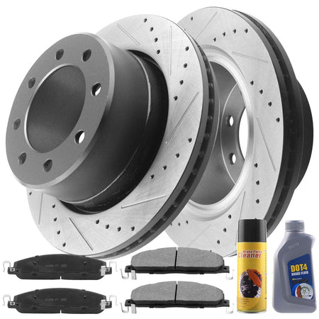 MotorbyMotor Rear Brake Rotors & Brake Pad Kit 358mm Drilled & Slotted Design Including CLEANER DOT4 FLUID Fits for Dodge Ram 2500 3500 Pickup, Dodge Ram 2500 2300 4000