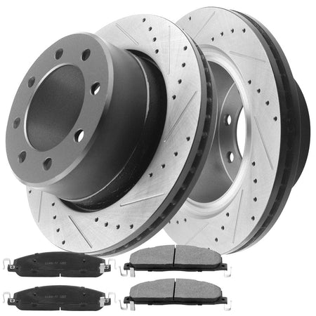 MotorbyMotor Rear Brake Rotors & Brake Pad Kit 358mm Drilled & Slotted Design Including CLEANER DOT4 FLUID Fits for Dodge Ram 2500 3500 Pickup, Dodge Ram 2500 2300 4000