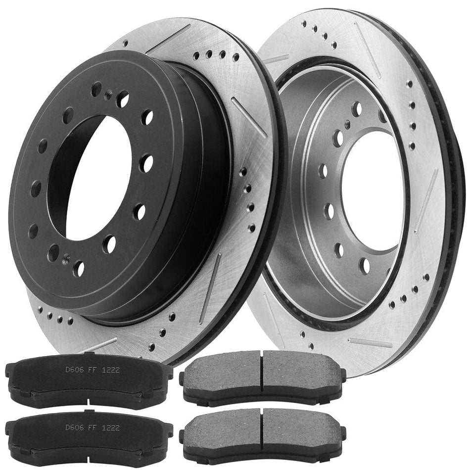 MotorbyMotor Rear Brake Rotors & Brake Pad Kit 312mm Drilled & Slotted Design Fits for Lexus GX470, Toyota 4Runner FJ Cruiser Sequoia- All Models