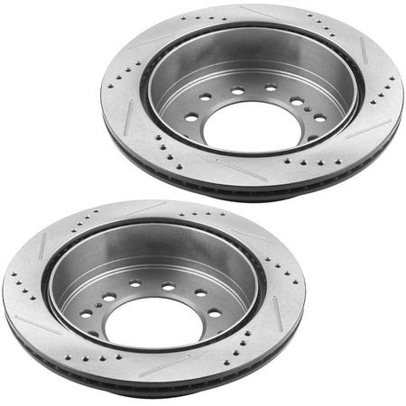 MotorbyMotor Rear Brake Rotors & Brake Pad Kit 312mm Drilled & Slotted Design Fits for Lexus GX470, Toyota 4Runner FJ Cruiser Sequoia- All Models