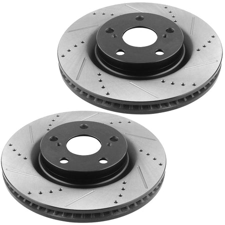 Front Drilled & Slotted Disc Brake Rotors + Ceramic Pads + Cleaner & Fluid Fits for Lexus ES300 IS250, Toyota Avalon Camry Sienna Solara-5-Lug Wheel Holes