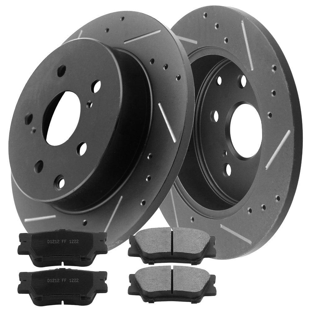 MotorbyMotor Rear Brake Rotors & Brake Pad Kit 281mm Drilled & Slotted Design Including CLEANER DOT4 FLUID Fits for Lexus HS250H 2010-2012, Toyota RAV4 2006-2018