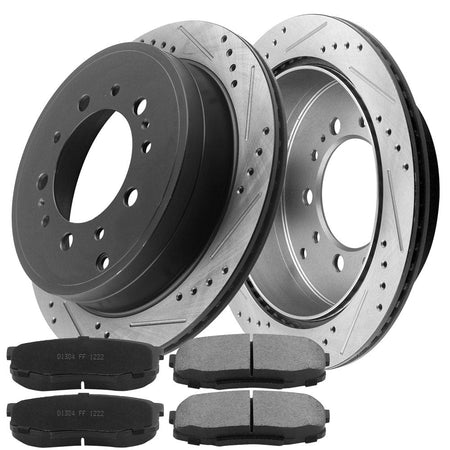Rear Drilled & Slotted Disc Brake Rotors + Ceramic Pads Fits for 2008-2019 Lexus LX570, 2008-2020 Toyota Land Cruiser, 2008-2020 Toyota Sequoia, 2007-2020 Toyota Tundra