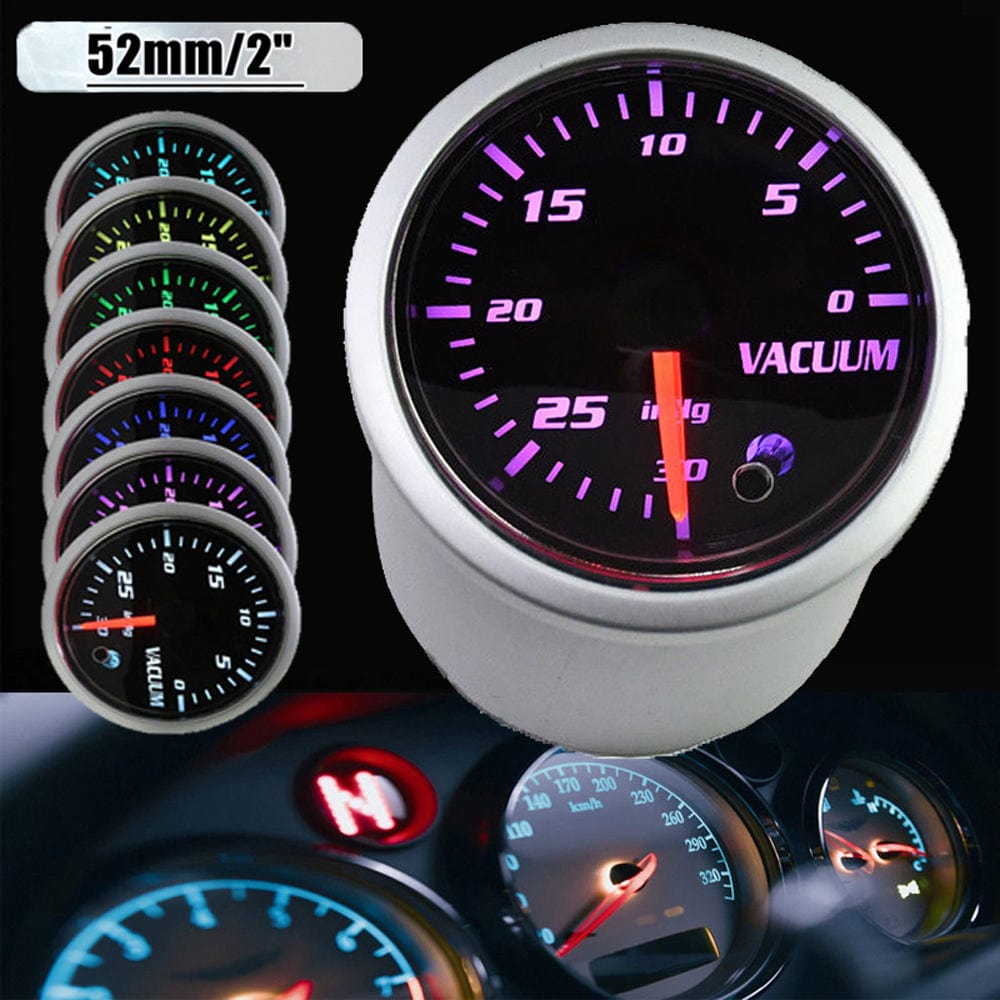 7 Color Vacuum Gauge Kit-2 Inch 52mm Vacuum Indicator Gauge 0 to 30 in.HG Vacuum Auto Car Meter Smoke Tint Lens 12V