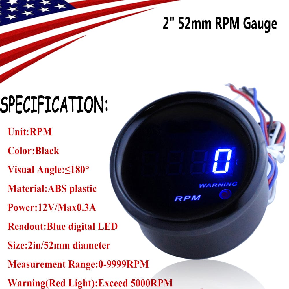 MotorbyMotor 2" 52mm RPM Gauge, Electronic Tachometer Tacho Gauge Blue Digital LED Car Meter  0-9999 RPM