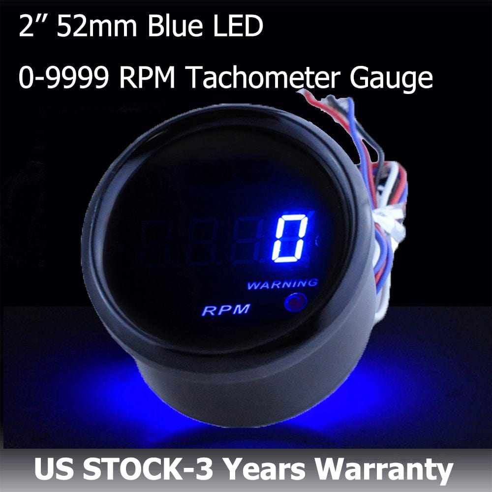 MotorbyMotor 2" 52mm RPM Gauge, Electronic Tachometer Tacho Gauge Blue Digital LED Car Meter  0-9999 RPM