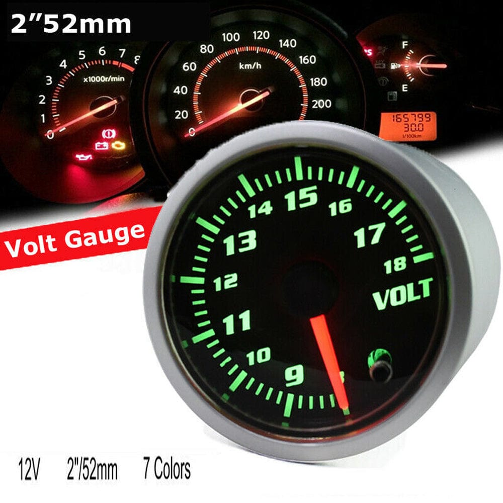 MotorbyMotor 52mm Voltage Gauge 7 Color LCD Digital 2" Voltmeter Guage Sensor Kit for Auto Car-Smoke Lens