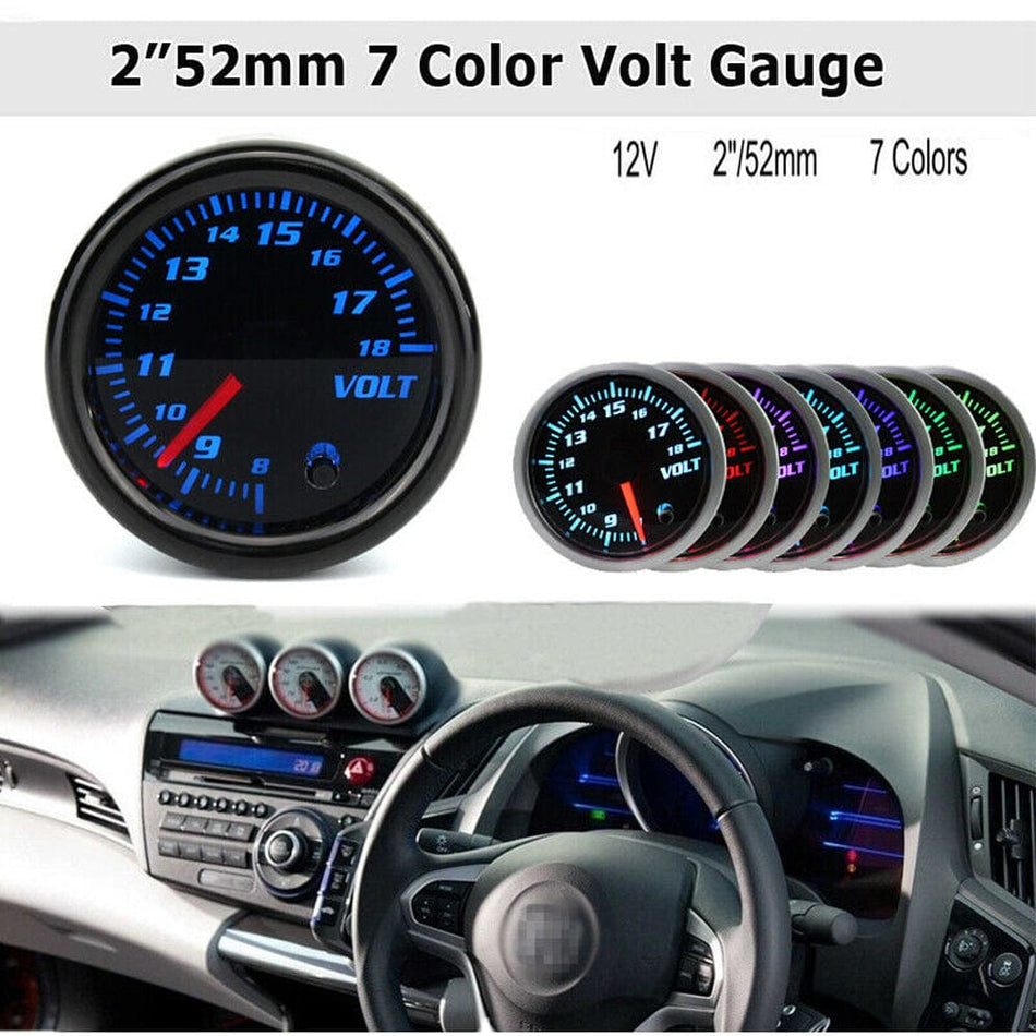 MotorbyMotor 52mm Voltage Gauge 7 Color LCD Digital 2" Voltmeter Guage Sensor Kit for Auto Car-Smoke Lens