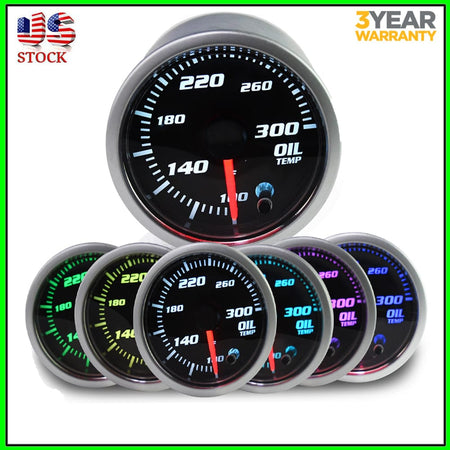 MotorbyMotor 7 Color Oil Temperature Gauge 52mm 2" Oil Tempe Gauge-with Electronic Sensor-Black Dial-Smoked Lens
