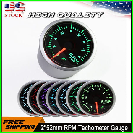 Universal 2'' 52mm RPM Gauge, 7 Color 8,000 RPM Tachometer Gauge -Smoked Lens Tacho Gauge for Car