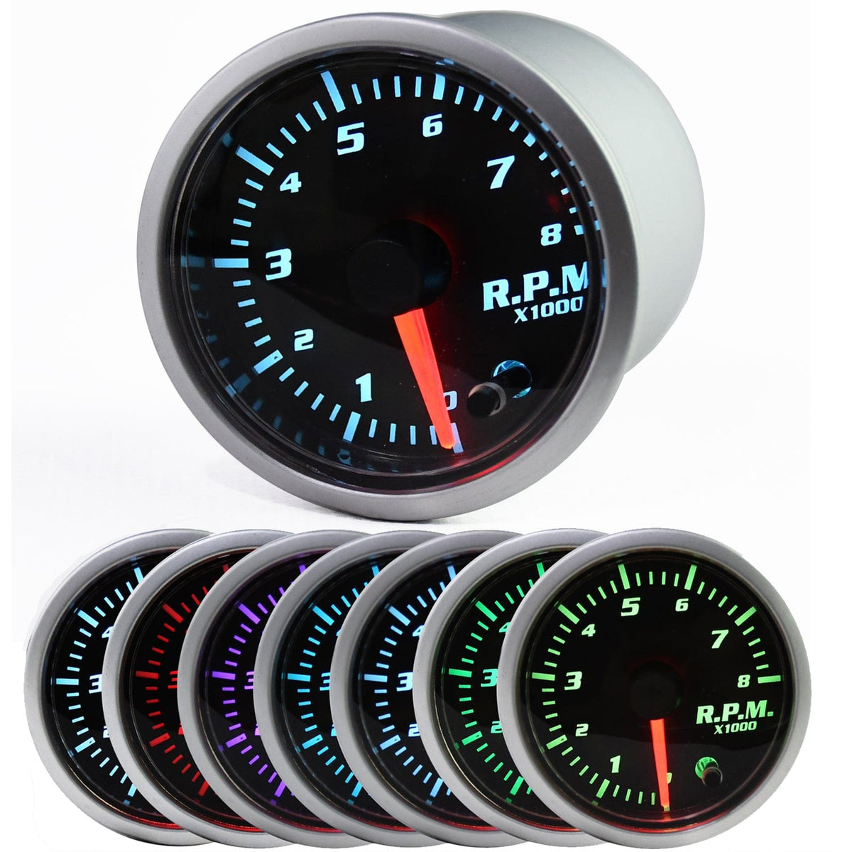 Universal 2'' 52mm RPM Gauge, 7 Color 8,000 RPM Tachometer Gauge -Smoked Lens Tacho Gauge for Car
